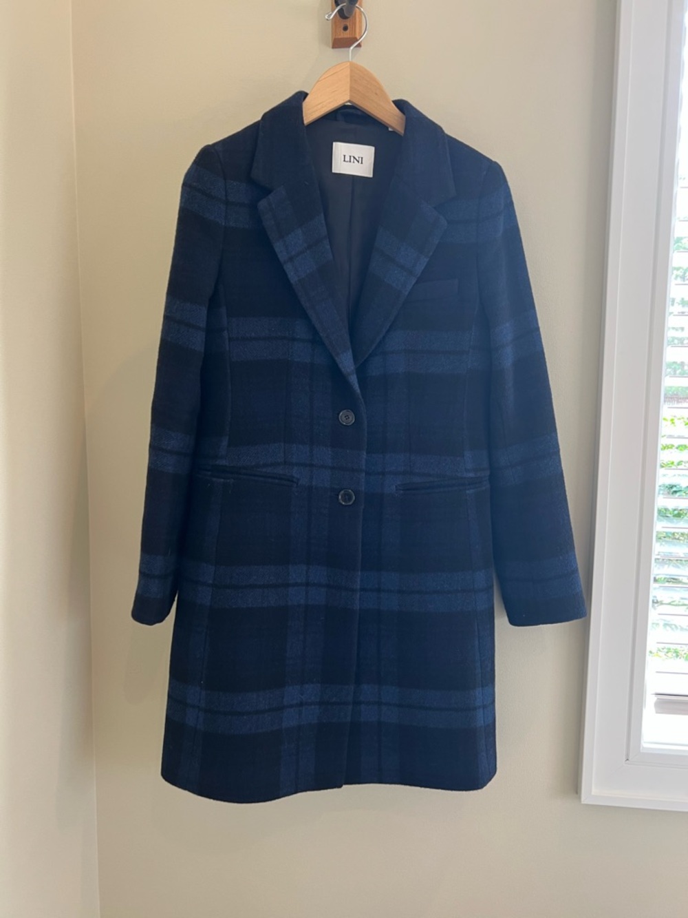 LINI Navy Plaid Wool-Blend Pea Coat